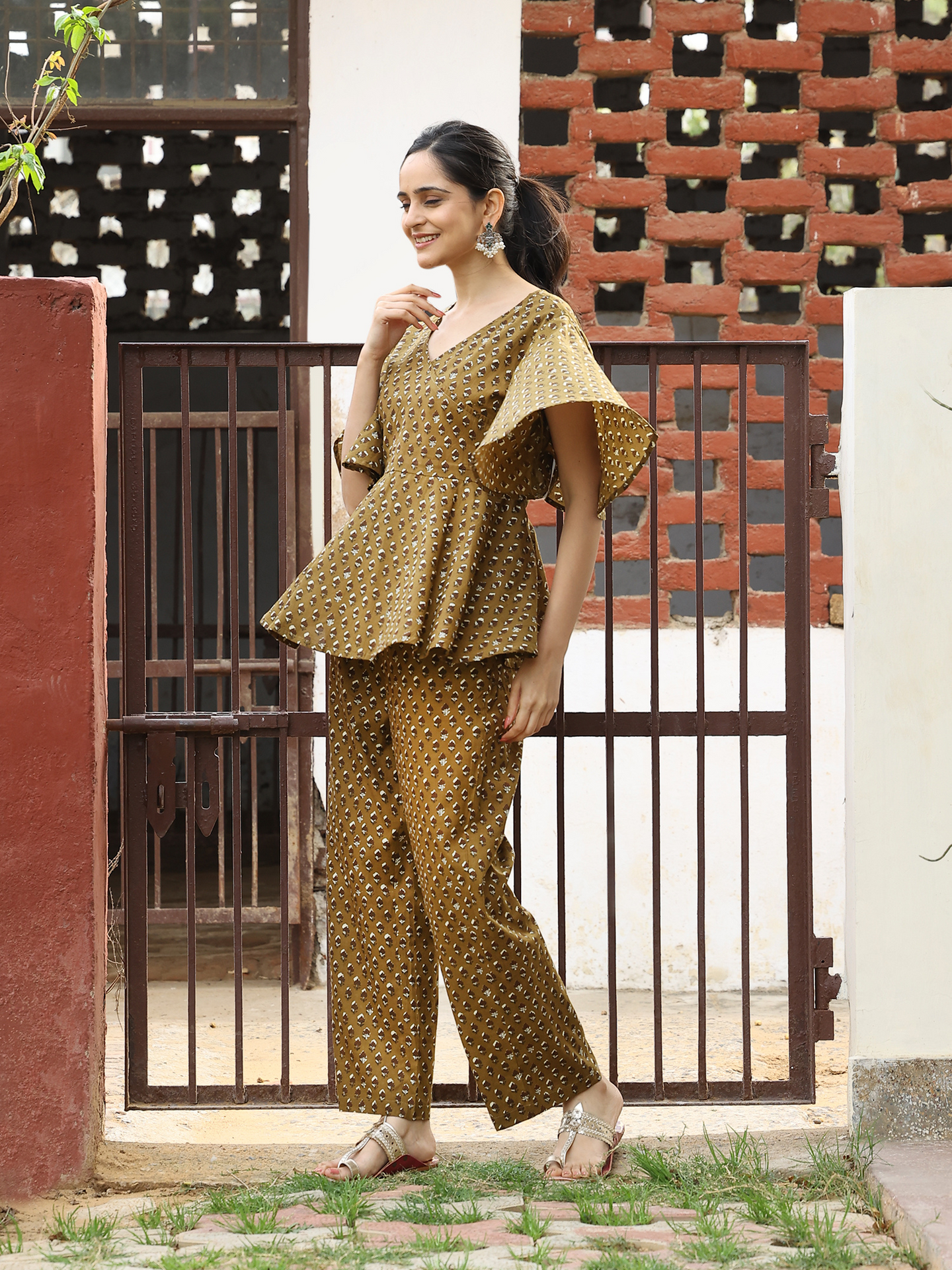Yellow Hand Block Bagru Printed  Frilled Sleeve Cotton Co-ord Set